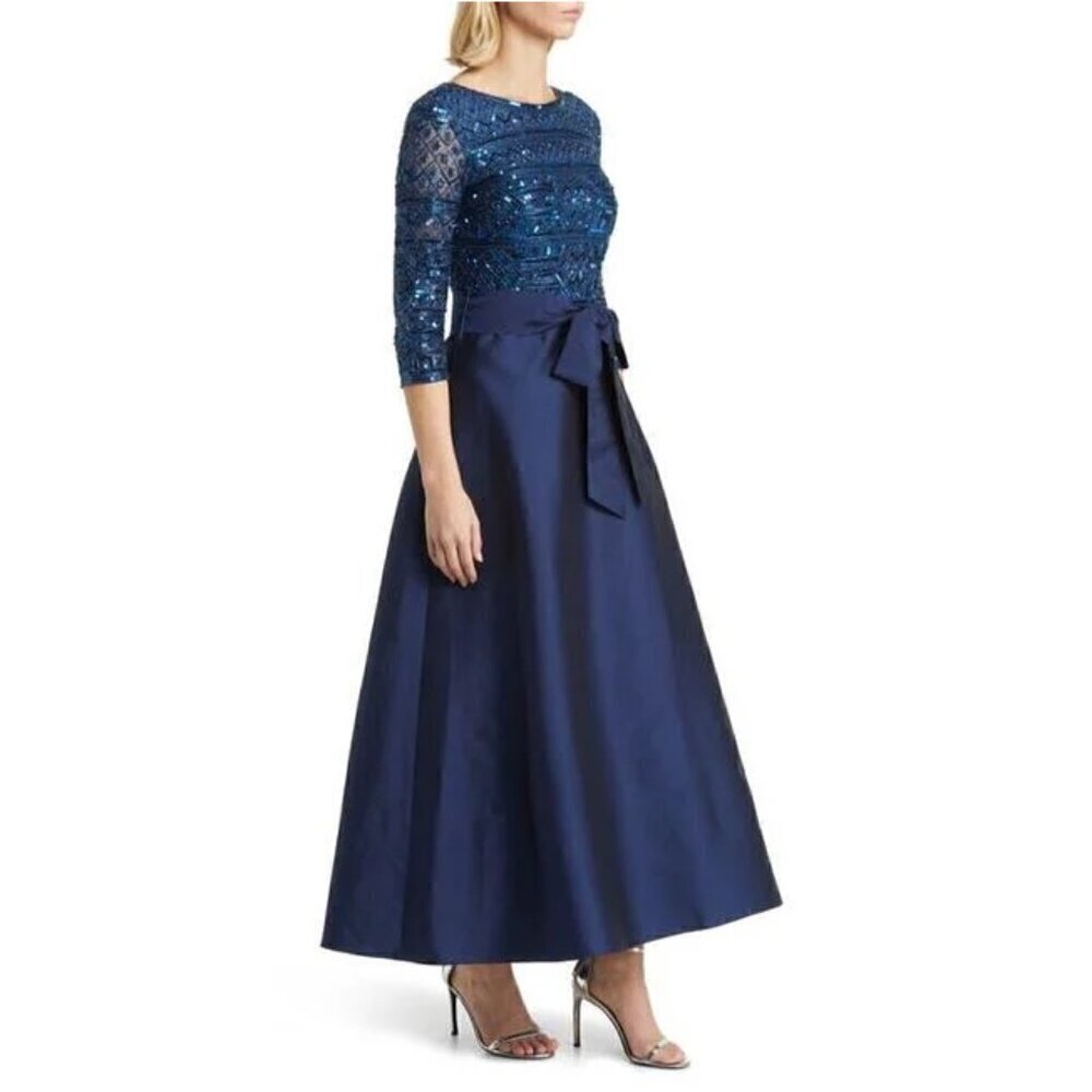 PISARRO NIGHTS Beaded Tie Waist Taffeta Gown in Denim 427 Size US 6 NWT - Picture 2 of 10